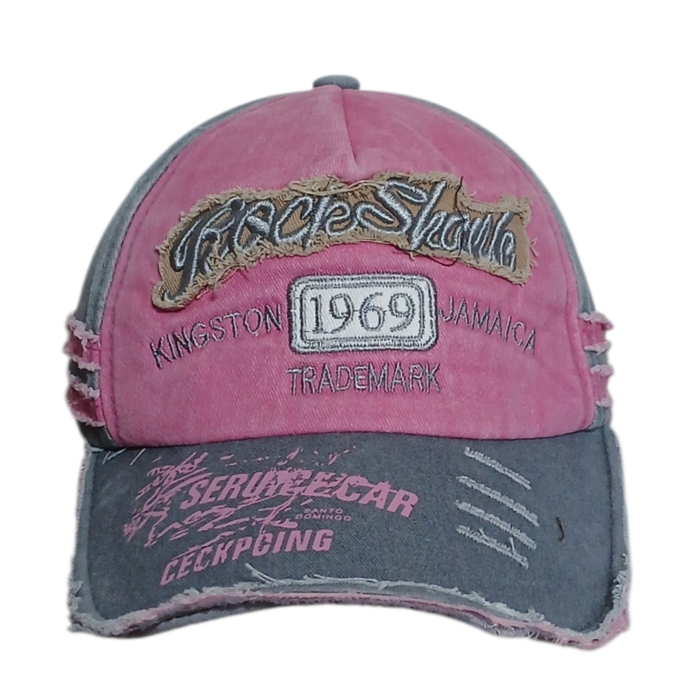 Rock Shank Kingston Jamaica Distressed Strapback Cap Pink/Grey.